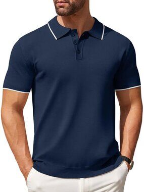 Men E-navy Blue White Striped Knit Polo Shirts Casual Button Down Golf Classic